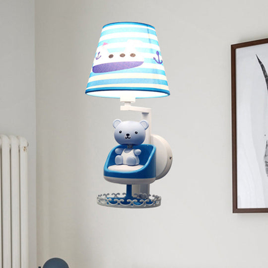 Kids Blue Wall Light With Nursing Room Toy Bear And Ship Fabric