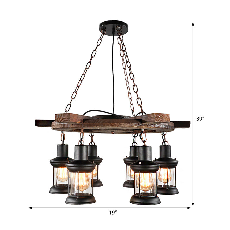 Industrial Clear Glass Lantern Shade Chandelier Pendant Light with 3/6 Bulbs for Dining Room Ceiling in Black
