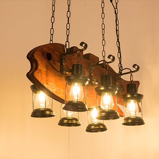 Coastal Black 6-Bulb Lantern Ceiling Lamp for Living Room with Rectangle/Fish Design