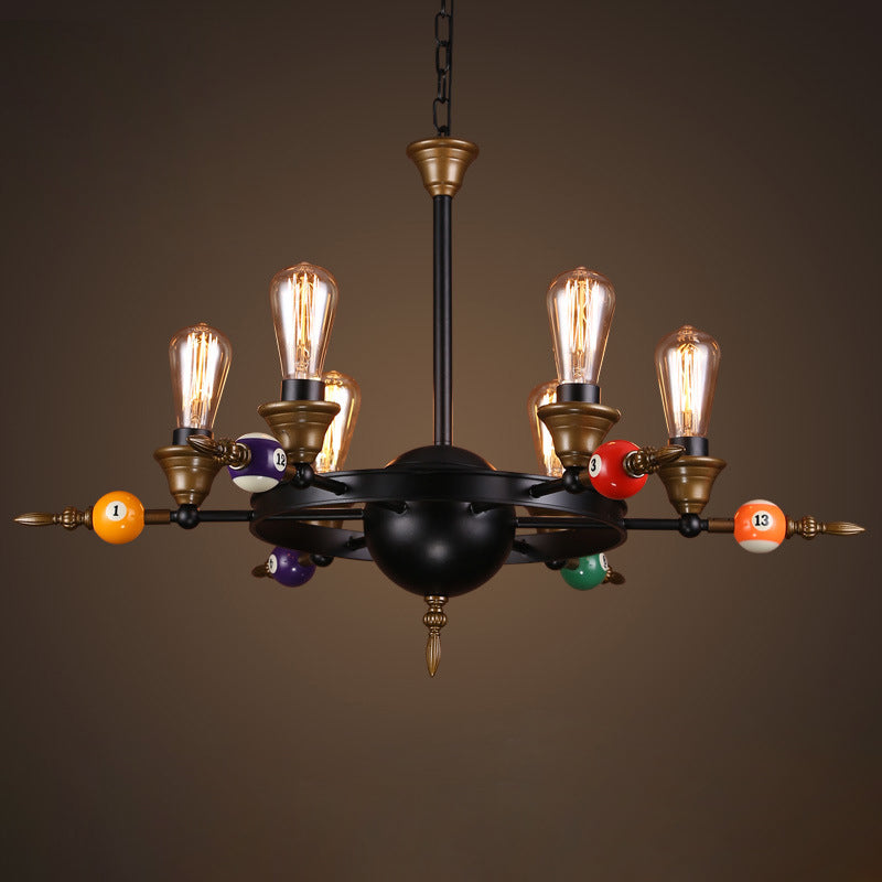 Industrial Metal Chandelier Lighting - Exposed Bulb 4/6 Light Pendant In Black With Wheel Shelf 6 /