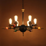 Industrial Metal Chandelier Lighting - Exposed Bulb 4/6 Light Pendant In Black With Wheel Shelf