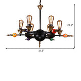 Industrial Metal Chandelier Lighting - Exposed Bulb 4/6 Light Pendant In Black With Wheel Shelf