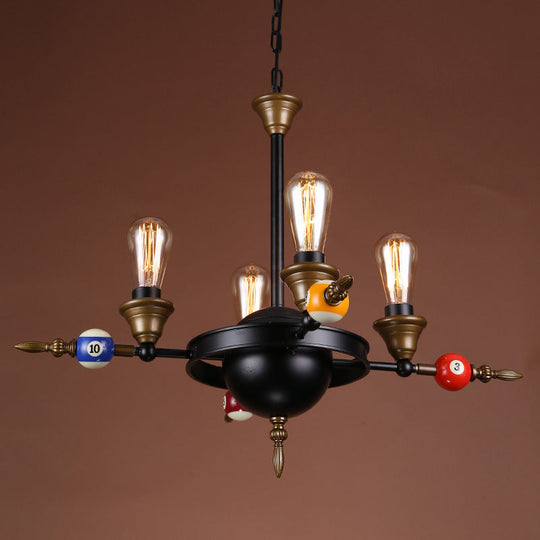 Industrial Metal Chandelier with Exposed Bulb - 4/6 Light Pendant Lighting for Dining Room in Black with Wheel Shelf