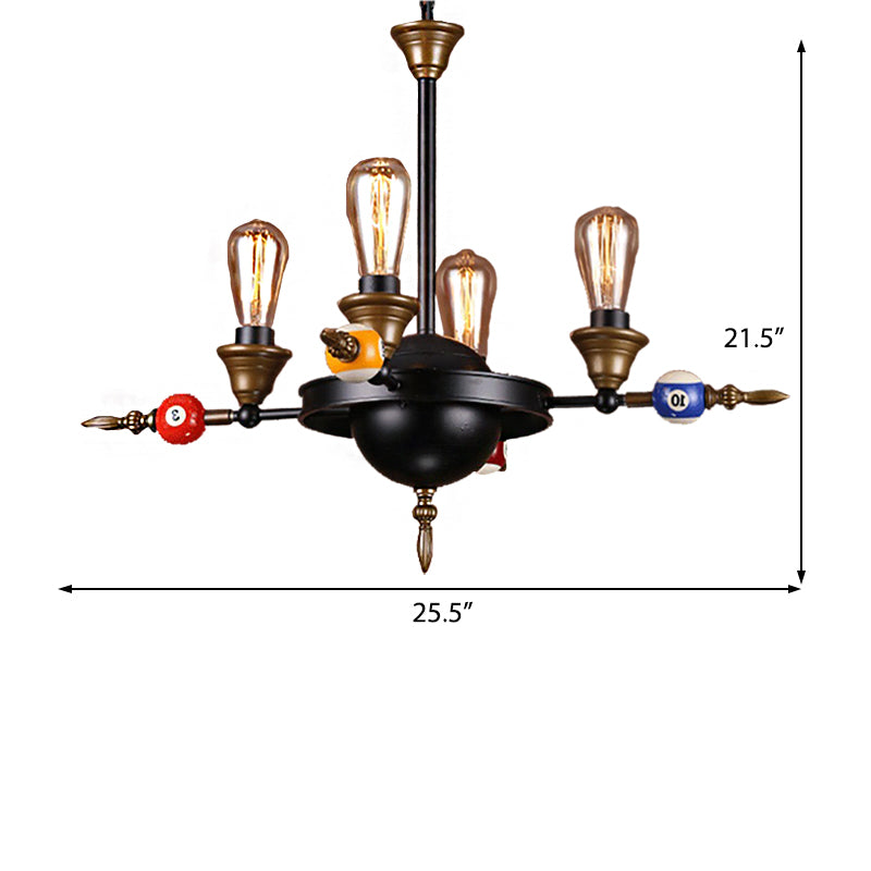 Industrial Metal Chandelier Lighting - Exposed Bulb 4/6 Light Pendant In Black With Wheel Shelf