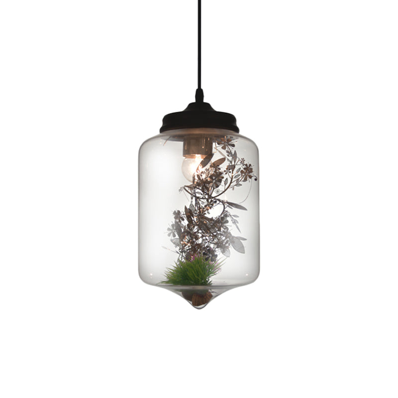 Contemporary 1 Light Hanging Lamp with Clear Glass Shade and Plant Decoration – Pendant Lamp in Multiple Shapes and Sizes