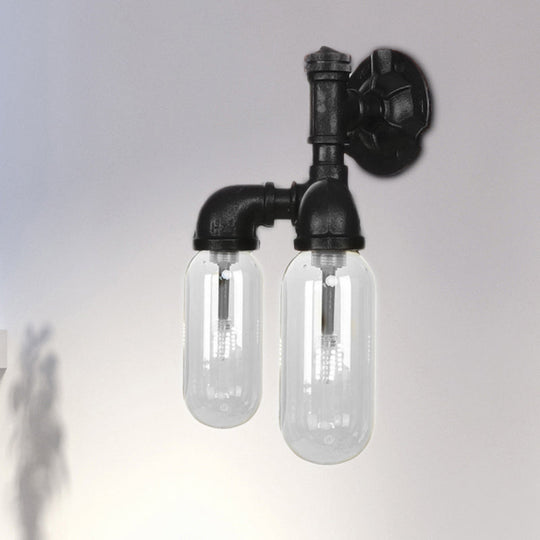 Industrial Metal Capsule Shade Wall Light Fixture With 2 Black Sconce Lamps And Pipe Design -