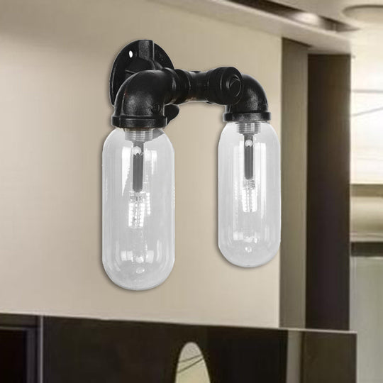 Industrial 2-Light Metal Sconce With Oval Shade And Wall Mount In Black - Perfect For Bedroom