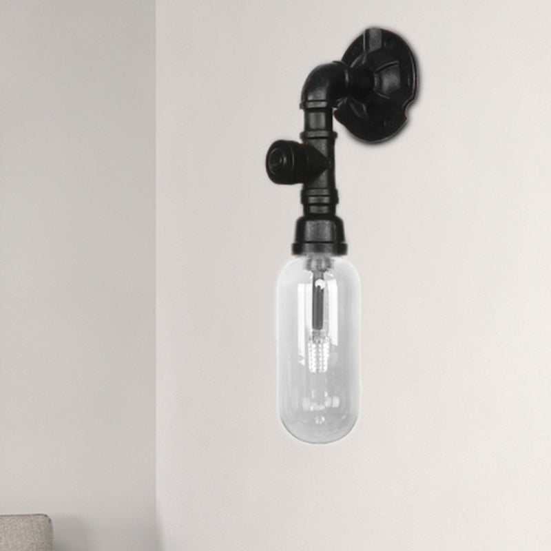 Single Bulb Industrial Wall Sconce With Clear Glass Shade And Black Pipe Mount / A