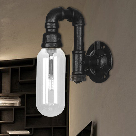 Single Bulb Industrial Wall Sconce With Clear Glass Shade And Black Pipe Mount / C