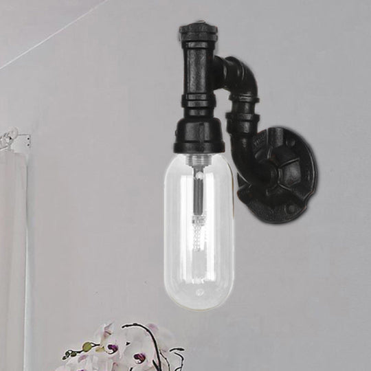 Single Bulb Industrial Wall Sconce With Clear Glass Shade And Black Pipe Mount / B