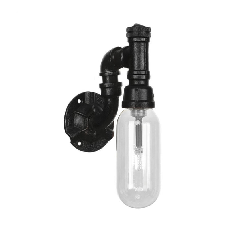 Single Bulb Industrial Wall Sconce With Clear Glass Shade And Black Pipe Mount