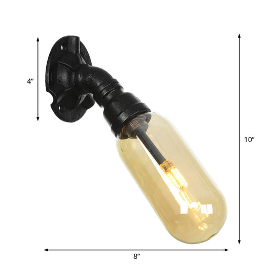 Industrial Black Metal Sconce Lamp With Amber Glass Bulb - Wall Mounted Indoor Light