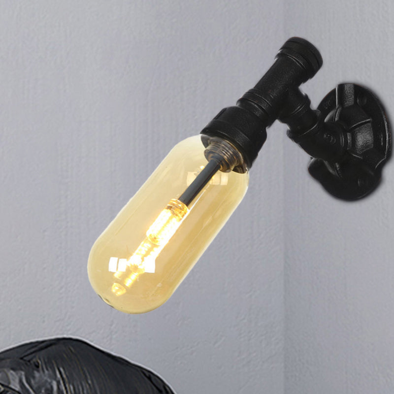Industrial Black Metal Sconce Lamp With Amber Glass Bulb - Wall Mounted Indoor Light / C