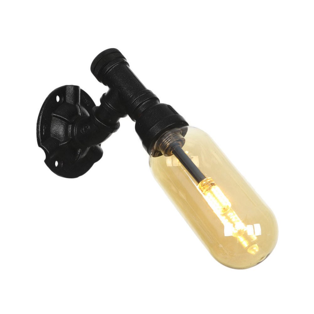 Industrial Black Metal Sconce Lamp With Amber Glass Bulb - Wall Mounted Indoor Light