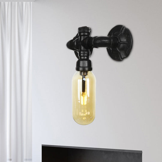 Vintage Amber Glass Sconce Wall Lamp With Industrial Pipe Design Black / C