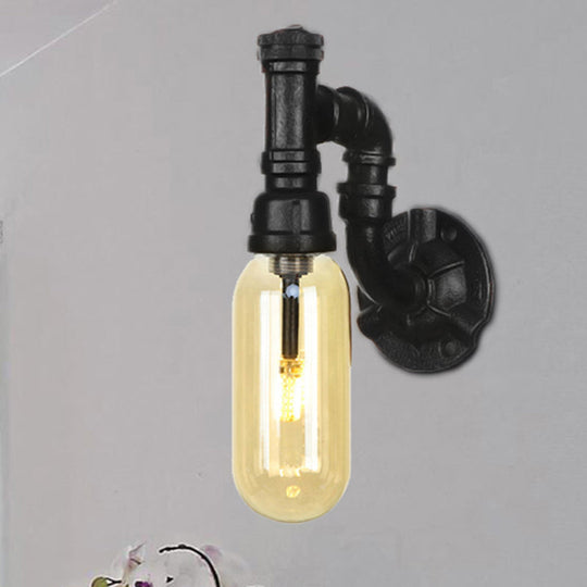 Industrial Amber Glass Wall Sconce With Pipe Design - Black / B