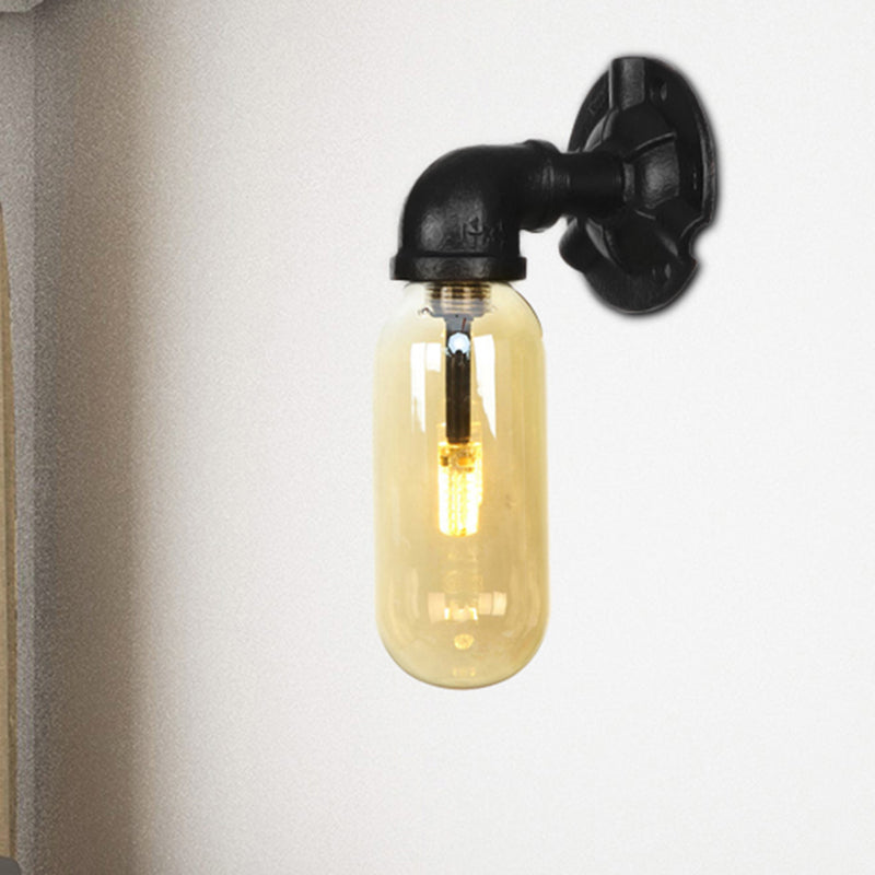 Industrial Amber Glass Wall Sconce With Pipe Design - Black / A