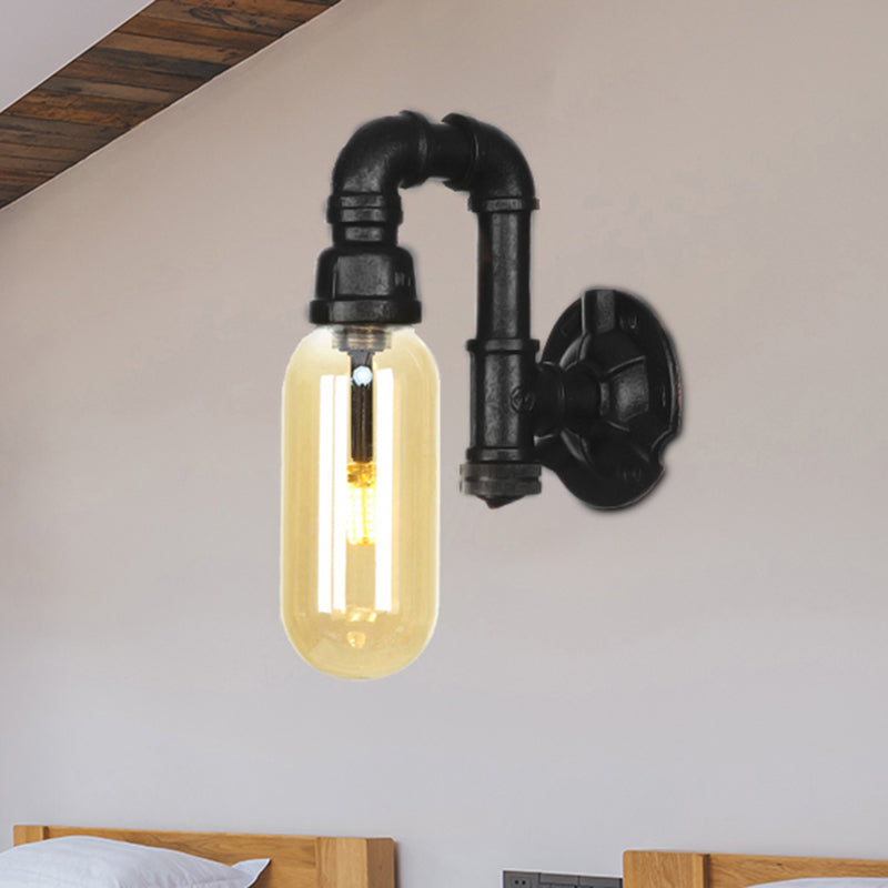 Industrial Amber Glass Wall Sconce With Pipe Design - Black / D