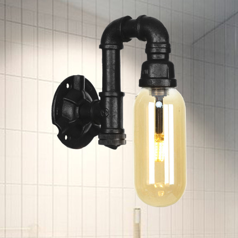 Industrial Amber Glass Wall Sconce With Pipe Design - Black
