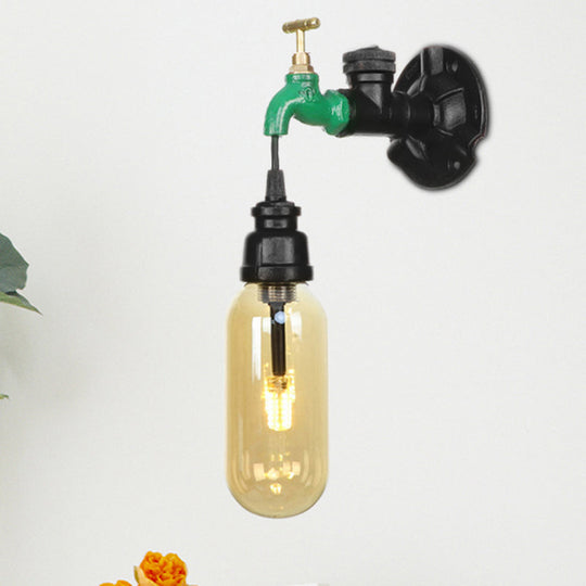 Industrial Amber Glass Wall Sconce With Pipe Design - Black / E