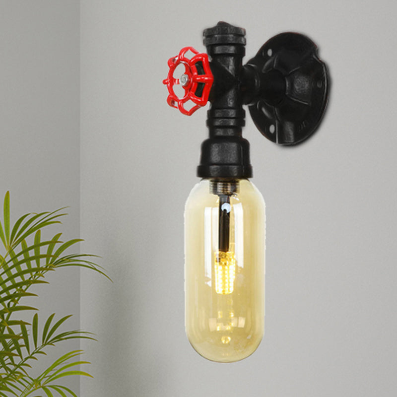 Industrial Amber Glass Wall Sconce With Pipe Design - Black / C