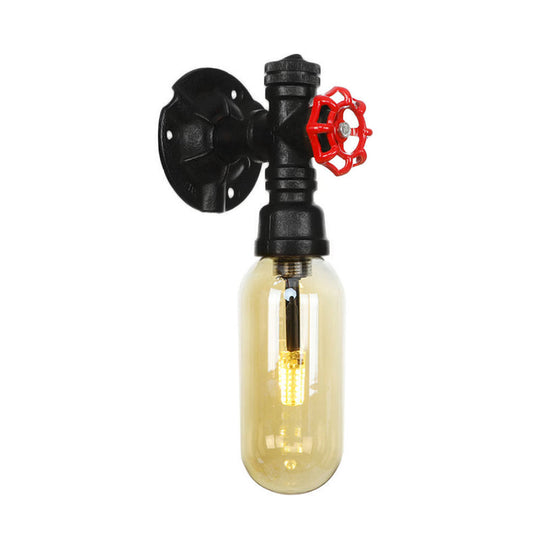 Industrial Amber Glass Wall Sconce With Pipe Design - Black
