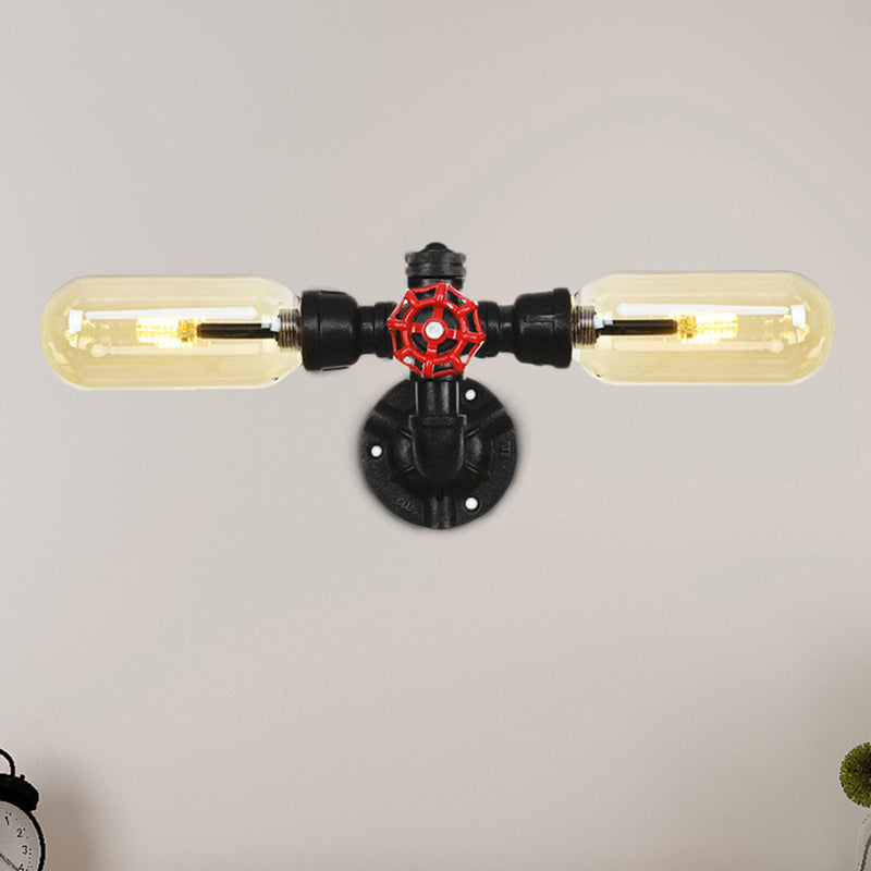 Industrial Dining Room Wall Sconce Lighting Fixture In Black - Amber Glass Capsule With Pipe Design