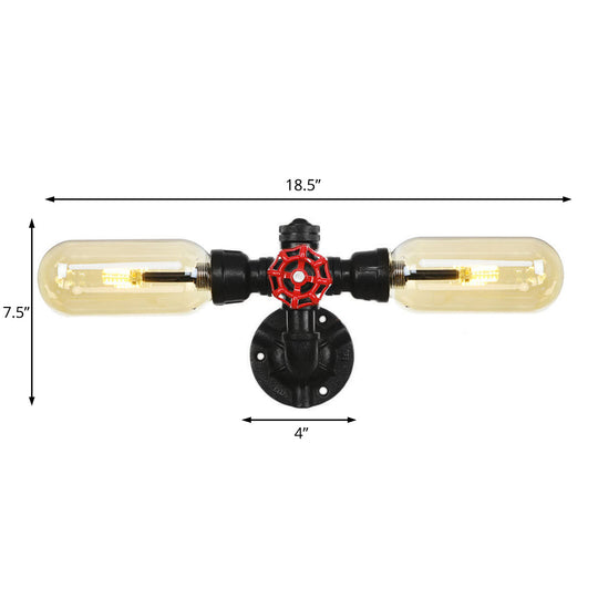 Industrial Dining Room Wall Sconce Lighting Fixture In Black - Amber Glass Capsule With Pipe Design