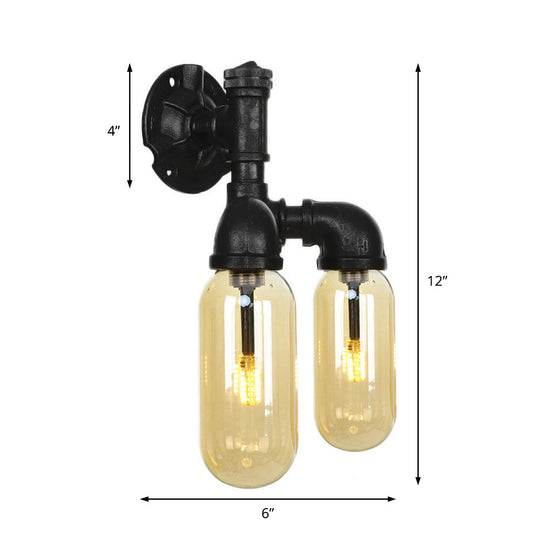 Industrial Amber Glass Black Sconce Light - Wall Mounted Pipe For Living Room