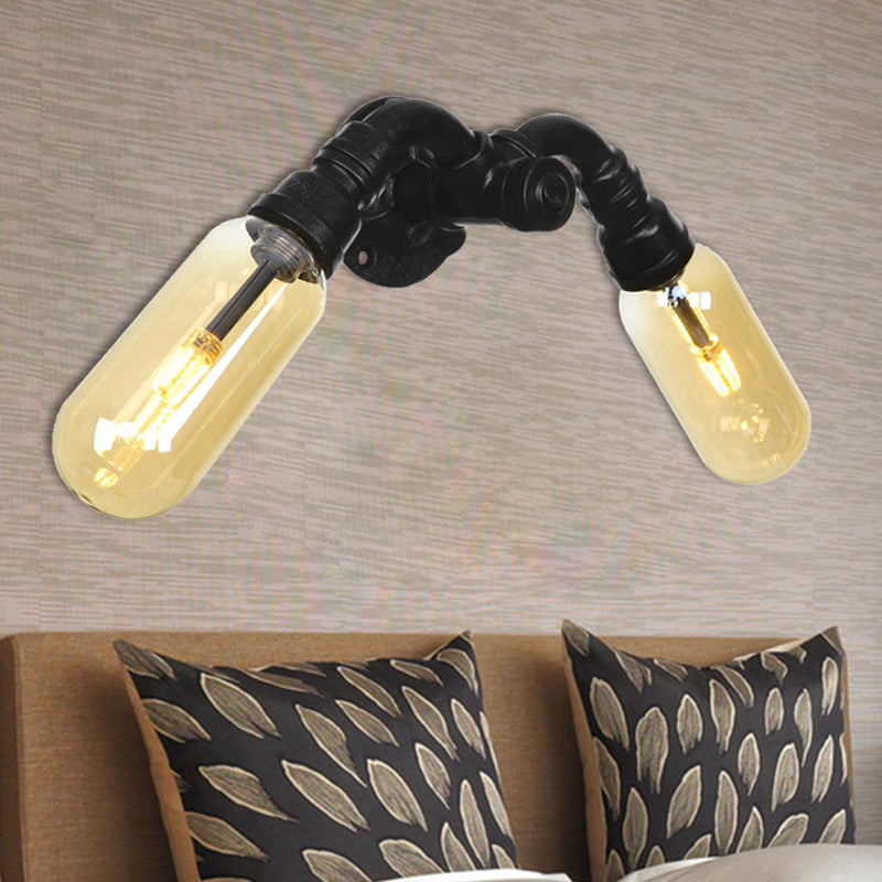Industrial Amber Glass Black Sconce Light - Wall Mounted Pipe For Living Room / B