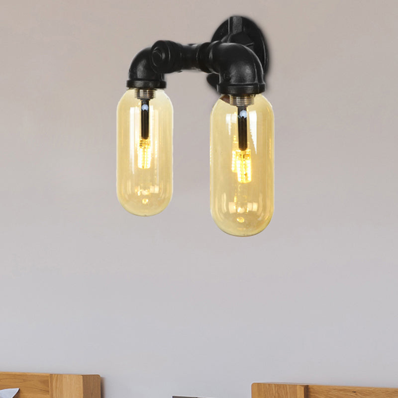 Industrial Amber Glass Black Sconce Light - Wall Mounted Pipe For Living Room / D