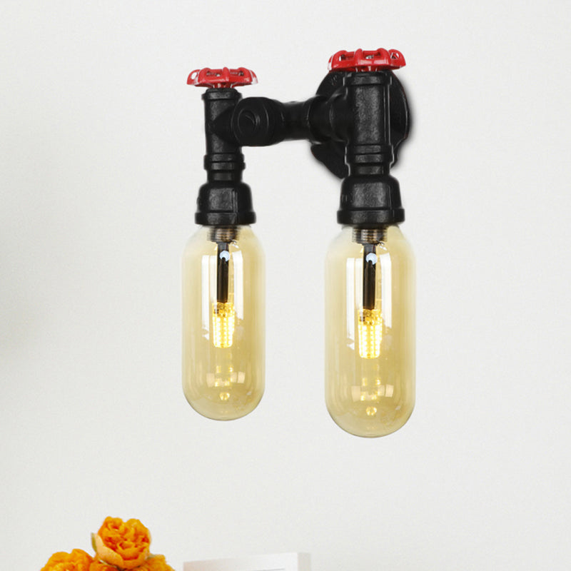 Industrial Amber Glass Wall Light Fixture With Pipe Design - 2/4 Black Sconce Lamp / B