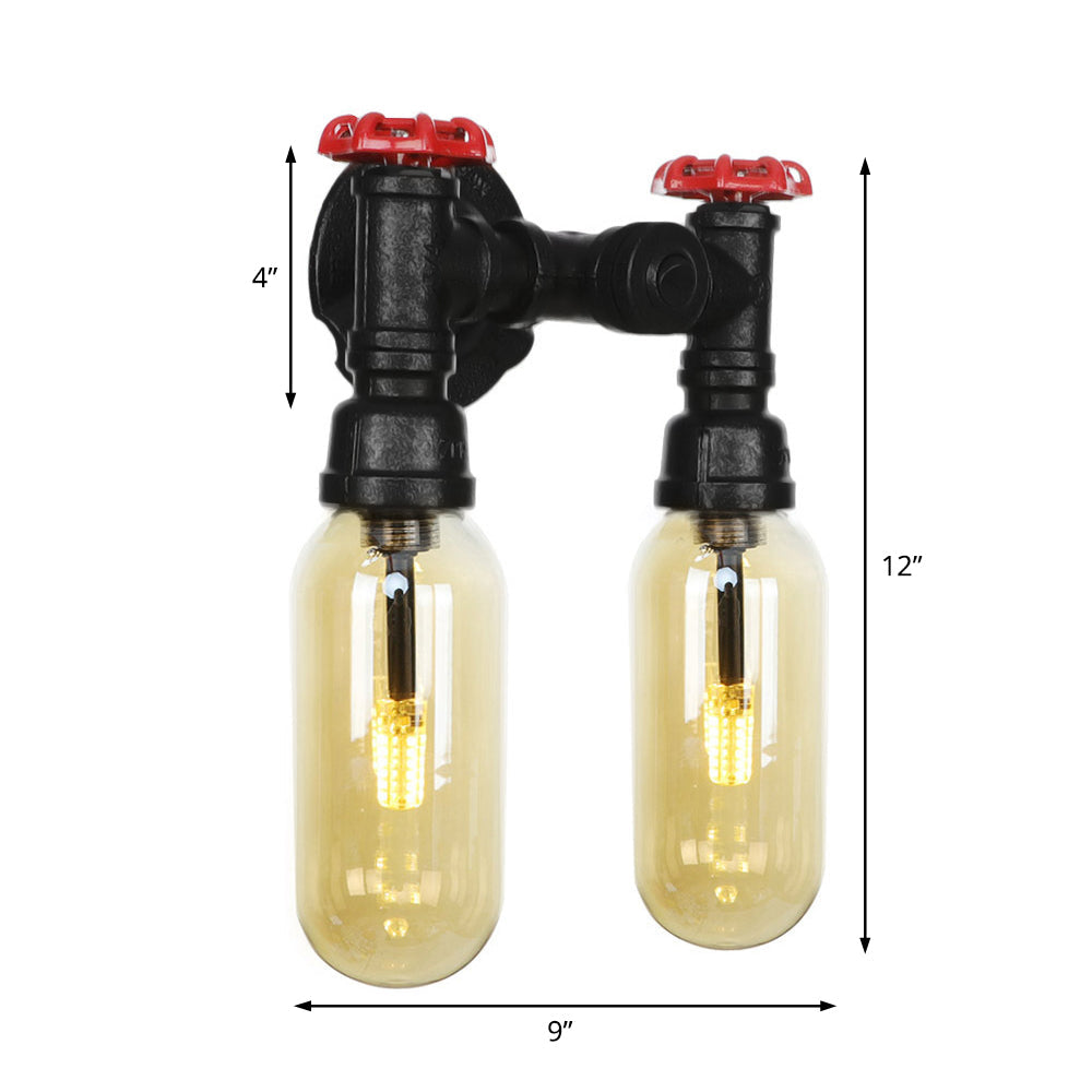 Industrial Amber Glass Wall Light Fixture With Pipe Design - 2/4 Black Sconce Lamp
