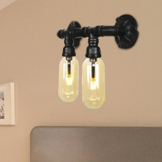 Industrial Amber Glass Wall Light Fixture With Pipe Design - 2/4 Black Sconce Lamp / A