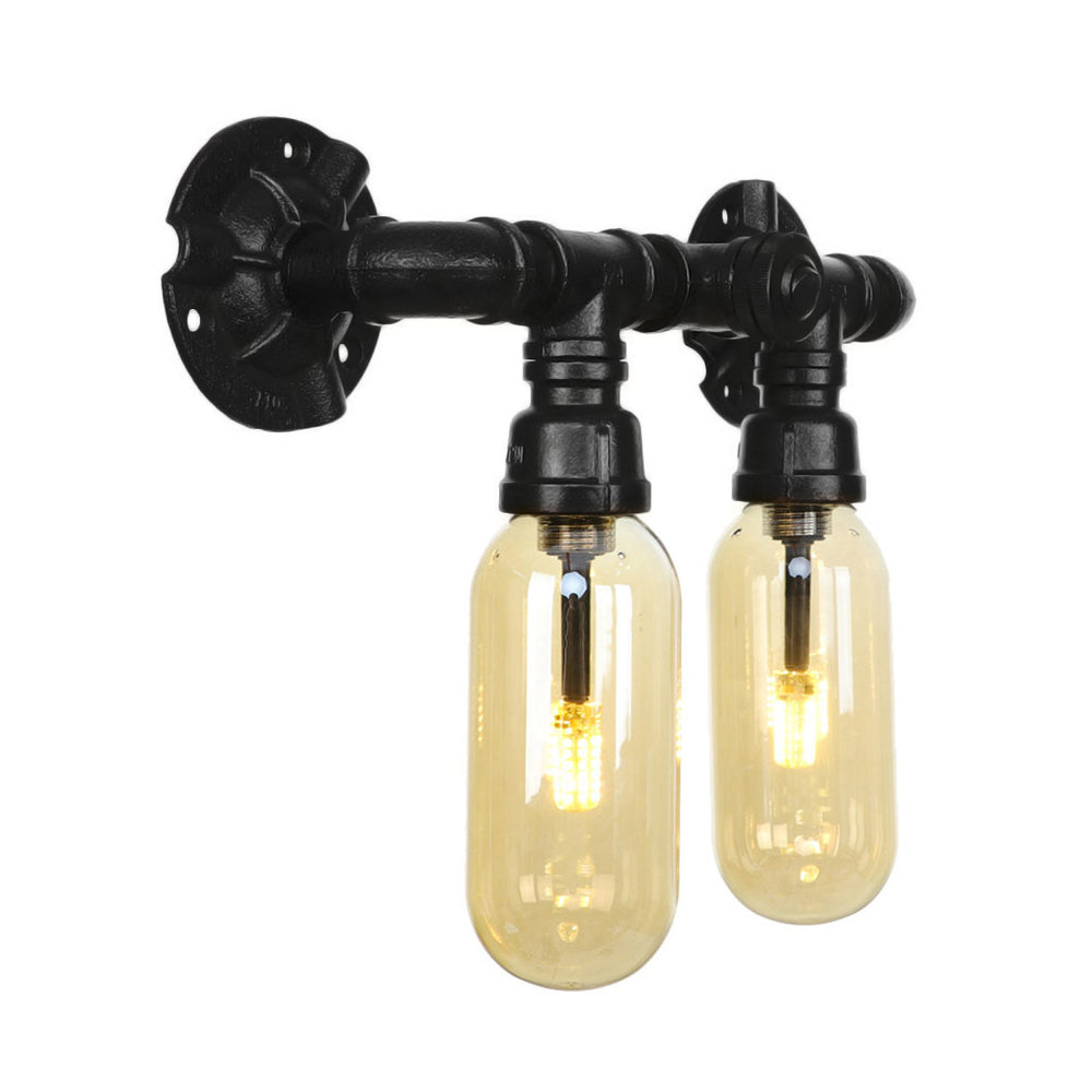 Industrial Amber Glass Wall Light Fixture With Pipe Design - 2/4 Black Sconce Lamp