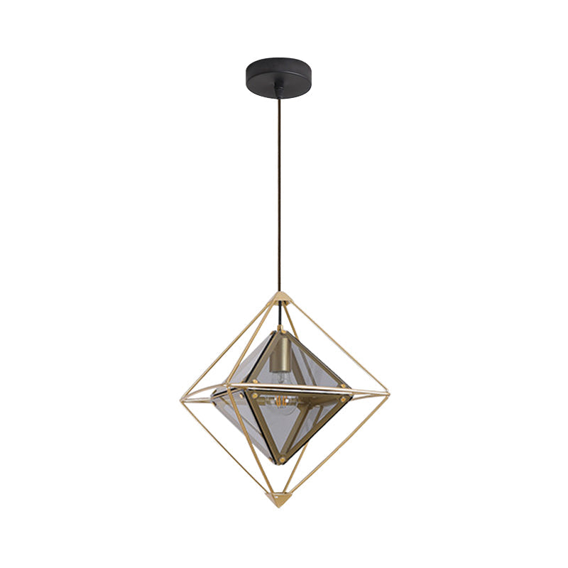 Contemporary 1-Light Pendant with Amber/Smoke Gray Glass Shade - Polygon Ceiling Lamp with Black/Gold Frame