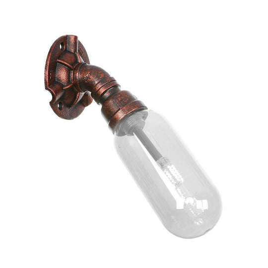 Clear Glass Wall Sconce In Weathered Copper With Pipe Design - Perfect For Loft Dining Rooms
