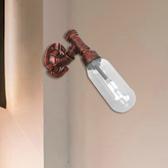 Clear Glass Wall Sconce In Weathered Copper With Pipe Design - Perfect For Loft Dining Rooms