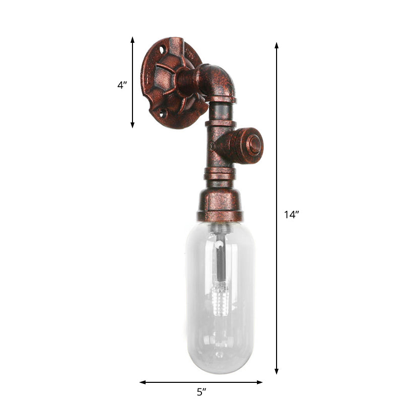 Industrial Pipe Wall Sconce: Clear Glass & Weathered Copper Finish 1-Light Capsule Lighting