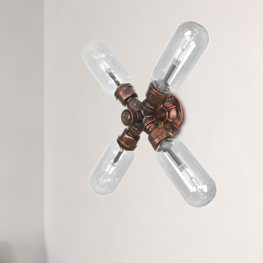 Industrial Weathered Copper Pipe Wall Sconce Lighting - Clear Glass Capsule & 2/4 Lights For Bedroom