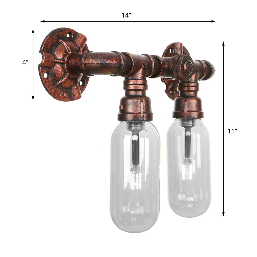 Industrial Weathered Copper Pipe Wall Sconce Lighting - Clear Glass Capsule & 2/4 Lights For Bedroom