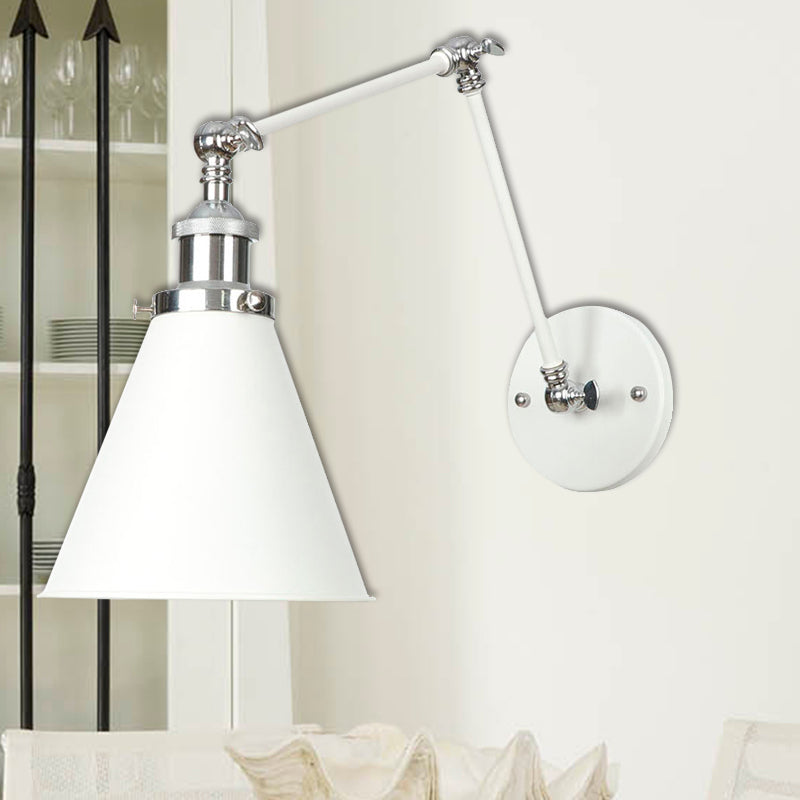 Adjustable Arm Industrial Metal Wall Lamp Lighting With 1 Light Fixture - White Cone/Saucer/Wavy