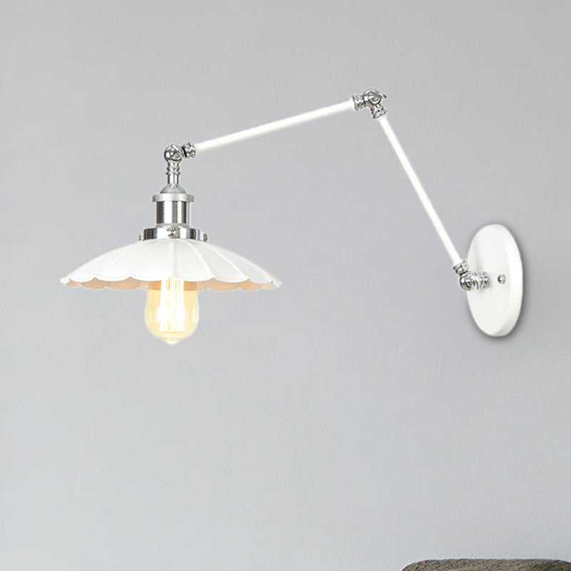 Adjustable Arm Industrial Metal Wall Lamp Lighting With 1 Light Fixture - White Cone/Saucer/Wavy