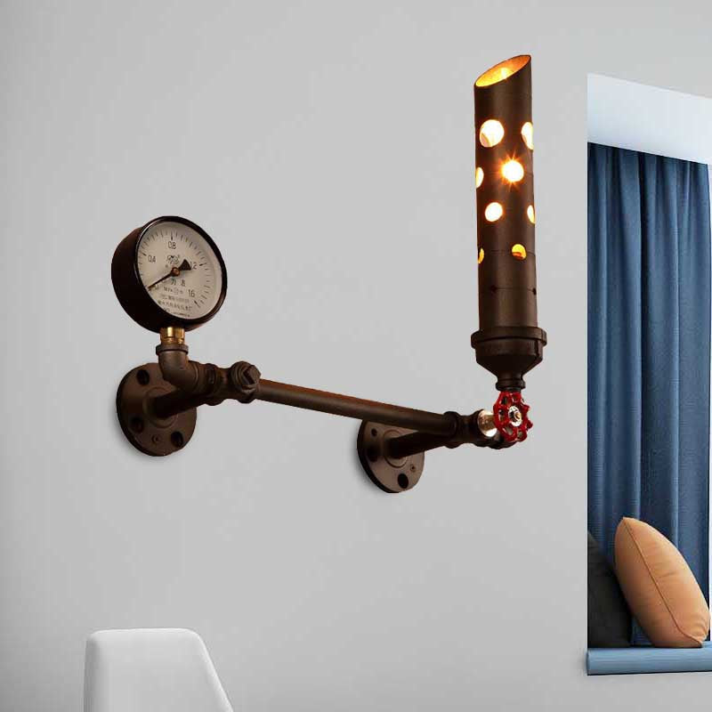 Wrought Iron Tubed Sconce Lighting With Valve And Gauge Vintage Wall Lamp Black