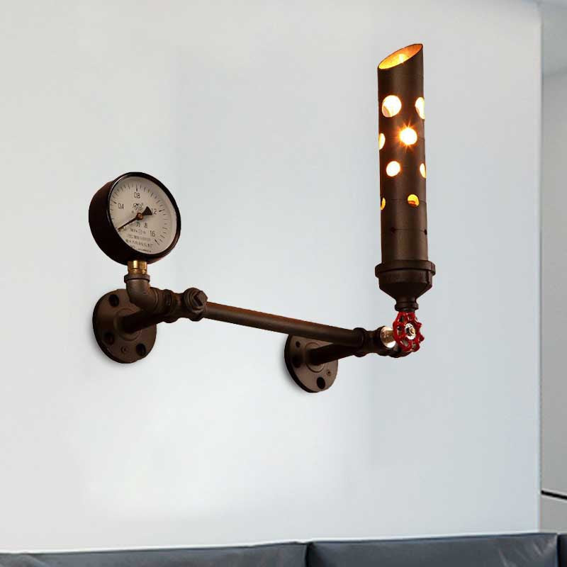 Wrought Iron Tubed Sconce Lighting With Valve And Gauge Vintage Wall Lamp