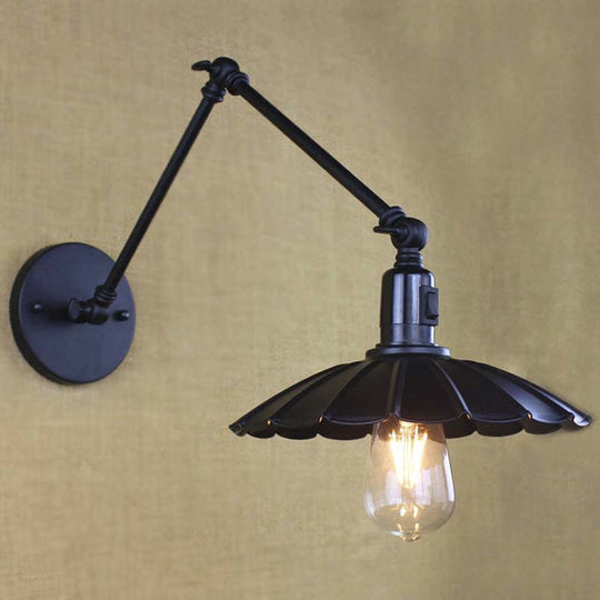 Vintage Black/White Scalloped Wall Sconce With Swing Arm - Stylish Metal Design For Living Room