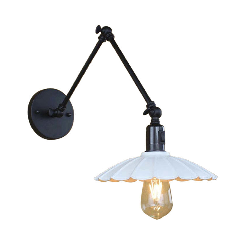 Vintage Black/White Scalloped Wall Sconce With Swing Arm - Stylish Metal Design For Living Room