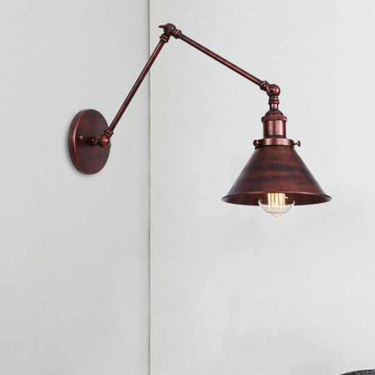 Industrial Swing Arm Wall Sconce - Conic Study Room Lamp (1 Bulb) Black/Brass Metallic Finish Rust /