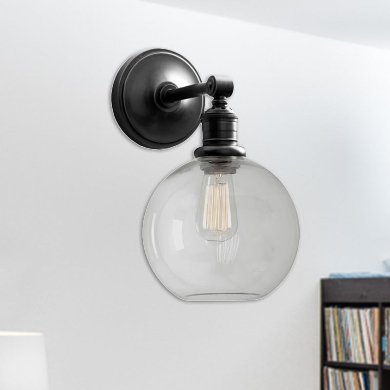 1-Light Metal Sconce With Black/Chrome Globe/Cone For Industrial Bedroom Wall Mounting Black / Globe