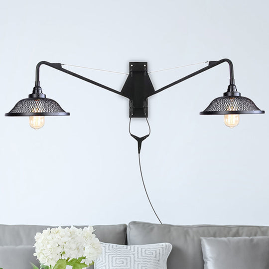 Industrial Black Metal Mesh Wall Sconce Light Fixture - 2 Dome Design For Living Room / B